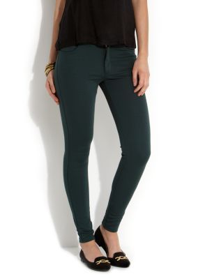 Dark Green Ponte Treggings - length: standard; style: leggings; waist detail: fitted waist; hip detail: front pockets at hip; pocket detail: traditional 5 pocket; waist: mid/regular rise; predominant colour: dark green; occasions: casual; fibres: polyester/polyamide - stretch; material texture: jersey stretch; texture group: jersey - clingy; fit: skinny/tight leg