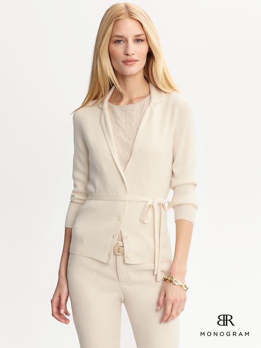 Br Monogram - neckline: low v-neck; pattern: plain, polka dot; predominant colour: ivory; occasions: casual; length: standard; style: standard; material texture: lace; fit: standard fit; waist detail: belted waist/tie at waist/drawstring; fibres: cashmere - 100%; trends: white; sleeve length: long sleeve; sleeve style: standard; texture group: lace; pattern type: knitted - other; pattern size: standard