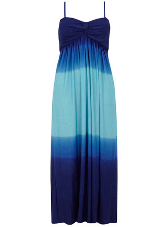 Samya Dip Dye Maxi Dress - sleeve style: spaghetti straps; style: maxi dress; pattern: two-tone, tie dye; length: ankle length; waist detail: fitted waist, twist front waist detail/nipped in at waist on one side/soft pleats/draping/ruching/gathering waist detail; neckline: sweetheart; bust detail: ruching/gathering/draping/layers/pintuck pleats at bust, knot twist front detail at bust; predominant colour: royal blue; occasions: casual, evening, occasion; fit: body skimming; fibres: polyester/polyamide - stretch; material texture: jersey; hip detail: soft pleats at hip/draping at hip/flared at hip; trends: prints, aquatic; sleeve length: sleeveless; pattern type: fabric; pattern size: standard; texture group: jersey - stretchy/drapey