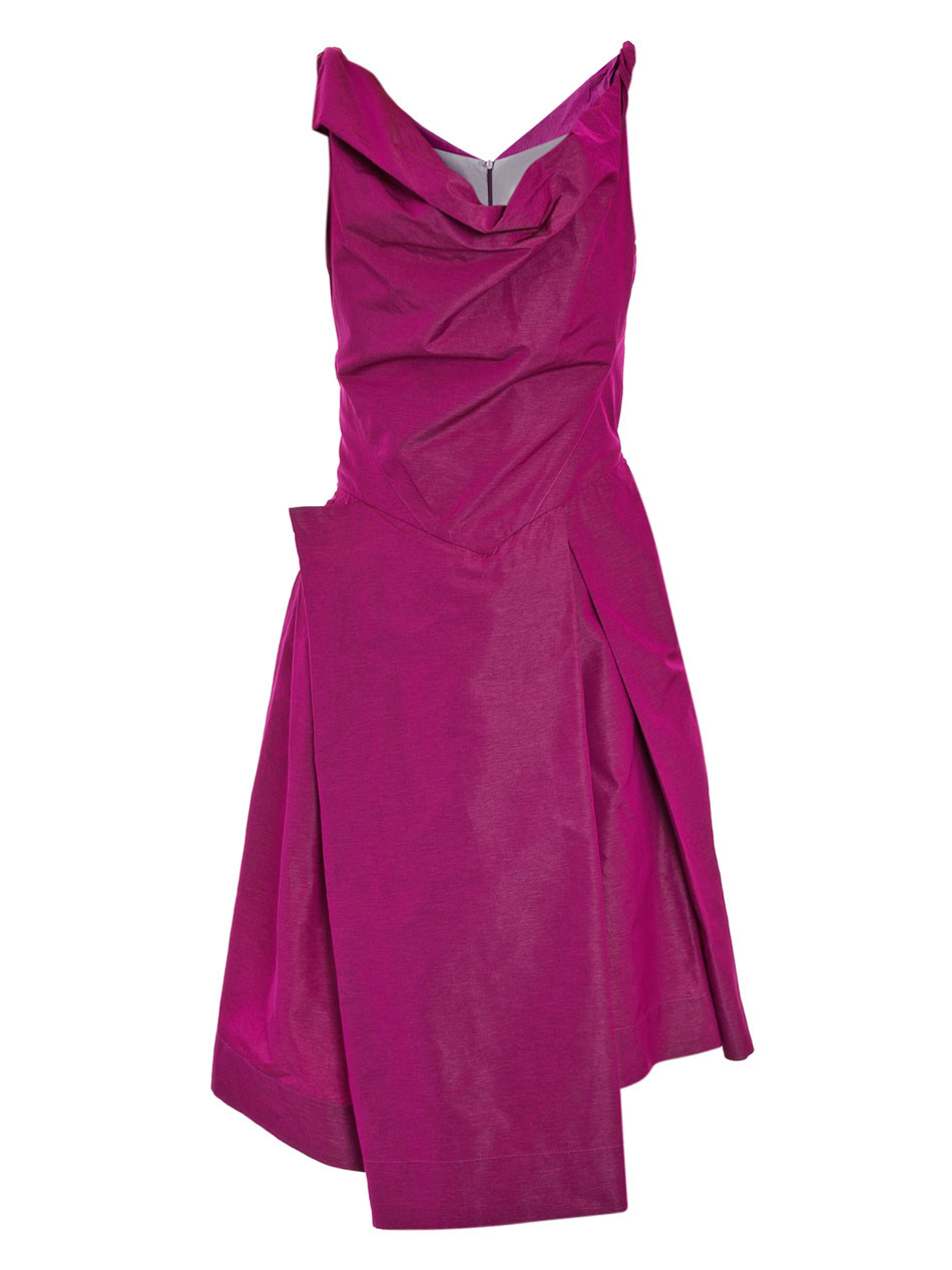 Boeing Taffeta Dress - length: below the knee; neckline: cowl/draped neck; pattern: plain; sleeve style: sleeveless; waist detail: fitted waist; bust detail: ruching/gathering/draping/layers/pintuck pleats at bust; predominant colour: hot pink; occasions: evening, occasion; fit: fitted at waist & bust; style: asymmetric (hem); fibres: polyester/polyamide - 100%; material texture: taffeta; hip detail: structured pleats at hip; back detail: shorter hem at back than at front (dresses); trends: brights; sleeve length: sleeveless; texture group: structured shiny - satin/tafetta/silk etc.; pattern type: fabric; pattern size: standard