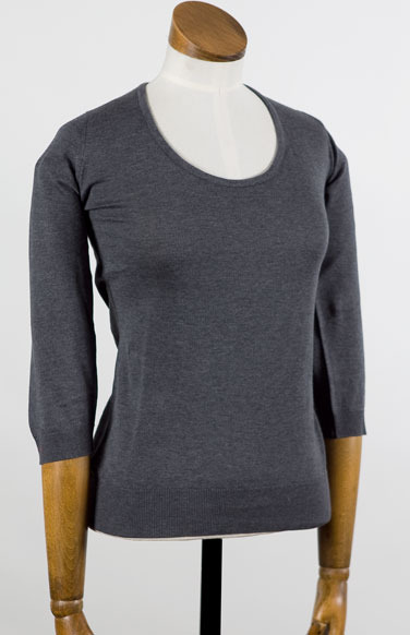 Spring '12 Island - neckline: scoop neck; pattern: plain; style: standard; predominant colour: charcoal; occasions: casual, work; length: standard; fibres: cotton - 100%; material texture: jersey; fit: standard fit; sleeve length: 3/4 length; sleeve style: standard; pattern type: knitted - other; pattern size: standard; texture group: jersey - stretchy/drapey