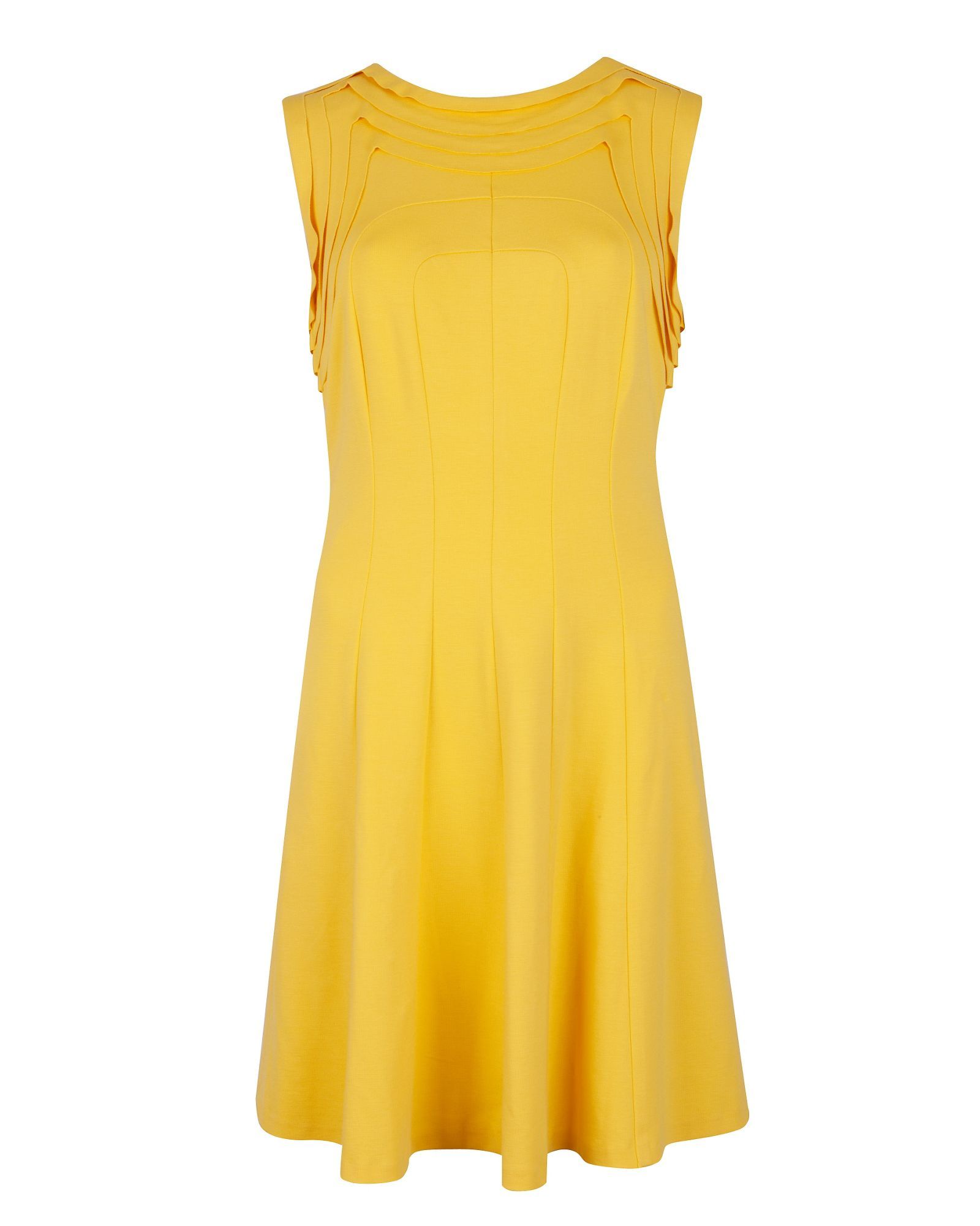 Women's Aude Seam Detail Jersey Dress, Yellow - style: shift; length: mid thigh; pattern: plain; sleeve style: sleeveless; waist detail: fitted waist; predominant colour: yellow; occasions: casual, evening; fit: body skimming; fibres: polyester/polyamide - stretch; material texture: jersey; neckline: crew; hip detail: soft pleats at hip/draping at hip/flared at hip; trends: brights; sleeve length: sleeveless; pattern type: fabric; pattern size: standard; texture group: jersey - stretchy/drapey