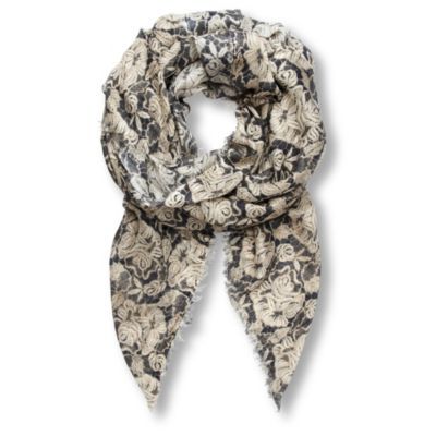 Lace Print Silk Pashmina - predominant colour: charcoal; type of pattern: heavy; style: pashmina; size: large; material: silk; embellishment: fringing; pattern: florals