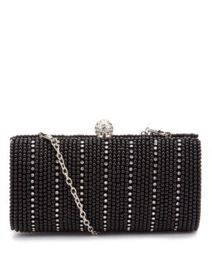 Black Bead Embellished Box Clutch - predominant colour: black; type of pattern: light; style: clutch; length: hand carry; size: small; material: fabric; embellishment: beaded, crystals; pattern: stripes