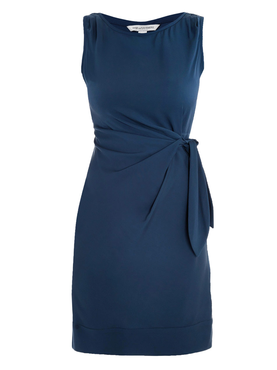 Della Two Dress - style: shift; neckline: round neck; pattern: plain; sleeve style: sleeveless; waist detail: fitted waist, twist front waist detail/nipped in at waist on one side/soft pleats/draping/ruching/gathering waist detail, belted waist/tie at waist/drawstring; predominant colour: royal blue; occasions: casual, evening, work; length: just above the knee; fit: body skimming; fibres: silk - mix; material texture: jersey; trends: aquatic; sleeve length: sleeveless; pattern type: fabric; pattern size: standard; texture group: jersey - stretchy/drapey