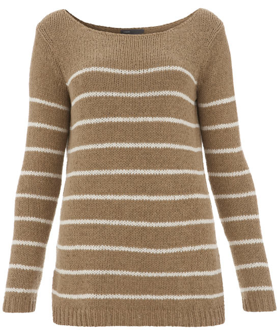 Taupe Striped Jumper - neckline: slash/boat neckline; pattern: horizontal stripes, two-tone; style: standard; predominant colour: camel; occasions: casual; length: standard; fibres: cotton - mix; material texture: jersey; fit: standard fit; hip detail: added detail/embellishment at hip; waist detail: fitted waist; bust detail: contrast pattern/fabric/detail at bust; trends: prints; sleeve length: long sleeve; sleeve style: standard; pattern type: knitted - other; pattern size: standard; texture group: jersey - stretchy/drapey