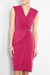 Cap Sleeve Jersey Wrap Pink Dress - style: faux wrap/wrap; neckline: v-neck; pattern: plain; sleeve style: sleeveless; waist detail: twist front waist detail/nipped in at waist on one side/soft pleats/draping/ruching/gathering waist detail; bust detail: ruching/gathering/draping/layers/pintuck pleats at bust; predominant colour: hot pink; length: on the knee; fit: body skimming; fibres: polyester/polyamide - stretch; material texture: jersey; occasions: occasion; hip detail: ruching/gathering at hip, soft pleats at hip/draping at hip/flared at hip; trends: brights; sleeve length: sleeveless; pattern type: fabric; pattern size: standard; texture group: jersey - stretchy/drapey
