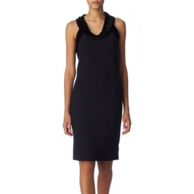 Velvet Trimmed Dress - style: shift; neckline: low v-neck; pattern: plain; sleeve style: sleeveless; waist detail: fitted waist; predominant colour: black; occasions: casual; length: just above the knee; fit: body skimming; fibres: wool - stretch; material texture: velvet; sleeve length: sleeveless; texture group: corduroy; pattern type: fabric; pattern size: standard