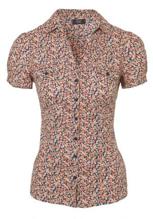 Ditsy Floral Print Shirt - neckline: shirt collar/peter pan/zip with opening; sleeve style: puffed; bust detail: added detail/embellishment at bust, buttons at bust (in middle at breastbone)/zip detail at bust; waist detail: fitted waist; style: shirt; pattern: ditsy florals, florals; shoulder detail: tiers/frills/ruffles; occasions: casual, work; length: standard; fibres: cotton - 100%; fit: tailored/fitted; predominant colour: multicoloured; sleeve length: short sleeve; trends: a/w prints; texture group: cotton feel fabrics; pattern type: fabric; pattern size: small & busy