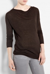 Fine Gauge Boat Neck Jumper - neckline: slash/boat neckline; pattern: plain; length: below the bottom; style: fine knit; predominant colour: chocolate brown; occasions: casual; fibres: wool - mix; material texture: felt; fit: standard fit; sleeve length: 3/4 length; sleeve style: standard; pattern type: knitted - other; pattern size: standard; texture group: woven bulky/heavy