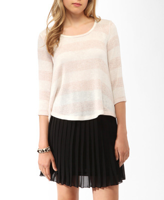 Relaxed Striped Top - pattern: horizontal stripes, striped; predominant colour: blush; occasions: casual; length: standard; style: top; fibres: polyester/polyamide - mix; material texture: metallic; fit: body skimming; back detail: longer hem at back than at front; sleeve length: 3/4 length; sleeve style: standard; pattern type: fabric; pattern size: standard