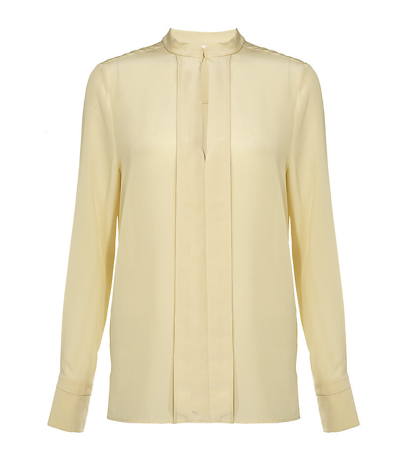 Tunic Shirt - sleeve style: extended cuff; pattern: plain; length: below the bottom; style: blouse; predominant colour: ivory; occasions: casual, evening, work; neckline: collarstand; fibres: silk - 100%; material texture: chiffon; fit: body skimming; trends: pastels, white; sleeve length: long sleeve; texture group: sheer fabrics/chiffon/organza etc.; pattern type: fabric; pattern size: standard