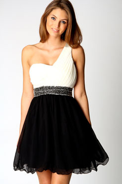Cameron Sequin Detail One Shoulder Prom Dress - length: mid thigh; neckline: round neck; fit: empire; pattern: plain; style: asymmetric (top); waist detail: fitted waist, embellishment at waist/feature waistband, narrow waistband; bust detail: ruching/gathering/draping/layers/pintuck pleats at bust, contrast pattern/fabric/detail at bust; predominant colour: black; occasions: evening, occasion; sleeve style: one shoulder; fibres: polyester/polyamide - stretch; material texture: chiffon; hip detail: soft pleats at hip/draping at hip/flared at hip; shoulder detail: asymmetric shoulder detail/one shoulder; sleeve length: sleeveless; trends: monochrome, embellished/bejewelled/ornate , waist-cinchers; texture group: sheer fabrics/chiffon/organza etc.; pattern type: fabric; embellishment: beading