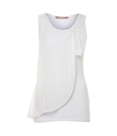 White Rochelle Chiffon Bow Shell Top - pattern: plain; sleeve style: sleeveless; waist detail: fitted waist; style: vest top; hip detail: fitted at hip; bust detail: ruching/gathering/draping/layers/pintuck pleats at bust; predominant colour: white; occasions: casual, evening, work; length: standard; neckline: scoop; fibres: cotton - 100%; material texture: chiffon; fit: body skimming; sleeve length: sleeveless; texture group: sheer fabrics/chiffon/organza etc.; pattern type: fabric; pattern size: standard