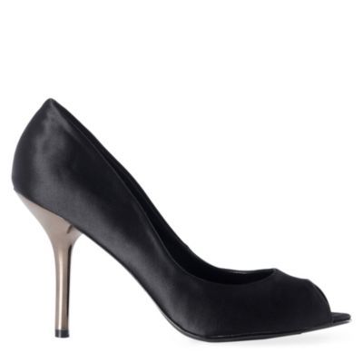 Gabbi Peep Toe Courts - predominant colour: black; material: satin; heel height: high; heel: stiletto; toe: open toe/peeptoe; style: courts