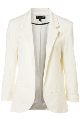 Tall Ponte Blazer - style: single breasted blazer; length: below the bottom; collar: standard lapel/rever collar; predominant colour: ivory; occasions: casual, evening; fit: tailored/fitted; fibres: polyester/polyamide - mix; material texture: satin; sleeve length: 3/4 length; sleeve style: standard; texture group: structured shiny - satin/tafetta/silk etc.