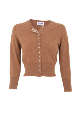 Caramel Cashmere Cropped Cardigan - pattern: plain; neckline: high neck; style: fine knit; length: cropped; predominant colour: camel; occasions: casual; material texture: tulle; fit: slim fit; waist detail: fitted waist; fibres: cashmere - 100%; sleeve length: 3/4 length; sleeve style: standard; trends: waist-cinchers; texture group: sheer fabrics/chiffon/organza etc.; pattern type: knitted - other; pattern size: standard