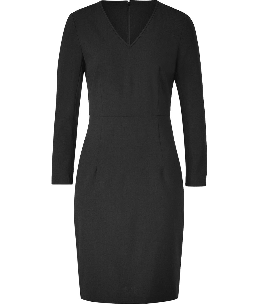 Black Kasia Sheath Dress - style: shift; length: mid thigh; neckline: v-neck; fit: tailored/fitted; pattern: plain; waist detail: fitted waist; bust detail: ruching/gathering/draping/layers/pintuck pleats at bust; predominant colour: black; occasions: evening, work; fibres: wool - stretch; hip detail: sculpting darts/pleats/seams at hip; sleeve length: long sleeve; sleeve style: standard; trends: waist-cinchers, pure tailoring; pattern type: fabric; pattern size: standard; texture group: jersey - stretchy/drapey