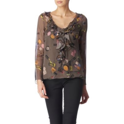 Make Up Print Blouse - neckline: v-neck; pattern: lightly patterned, print, patterned/print; style: blouse; bust detail: ruching/gathering/draping/layers/pintuck pleats at bust; predominant colour: chocolate brown; occasions: casual, evening, work; length: standard; fibres: silk - 100%; fit: body skimming; sleeve length: long sleeve; sleeve style: standard; texture group: sheer fabrics/chiffon/organza etc.; pattern type: fabric; pattern size: small & light