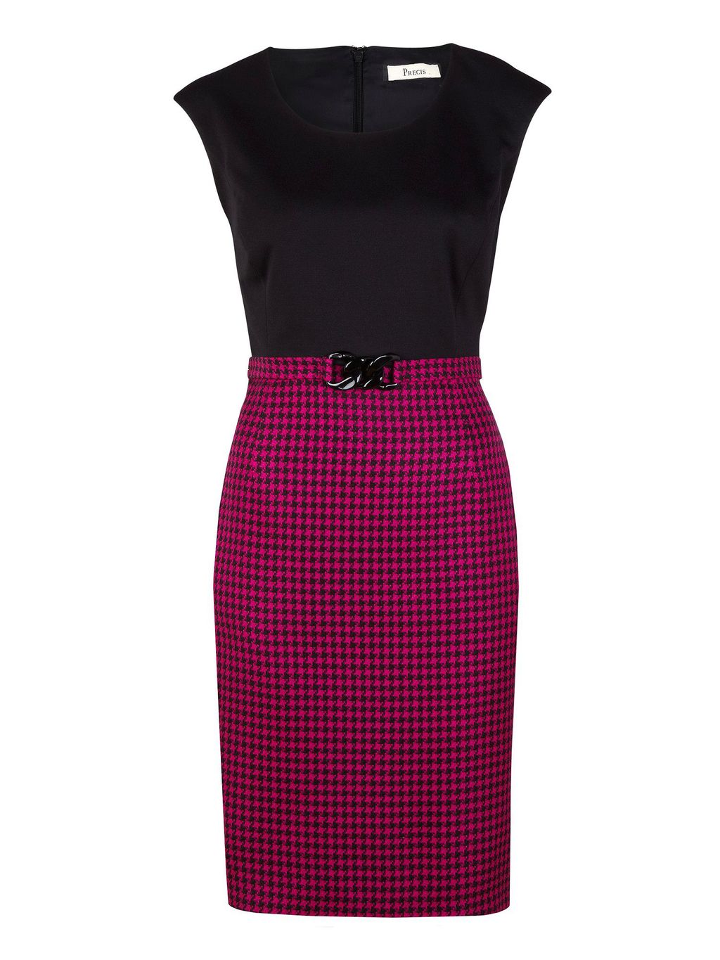 Women's Houndstooth Colour Block Dress, Pink - style: shift; neckline: round neck; sleeve style: capped; fit: tailored/fitted; waist detail: fitted waist; predominant colour: pink; occasions: work; length: just above the knee; fibres: polyester/polyamide - stretch; pattern: dogtooth; sleeve length: sleeveless; trends: pure tailoring; pattern type: fabric; pattern size: standard; texture group: woven bulky/heavy
