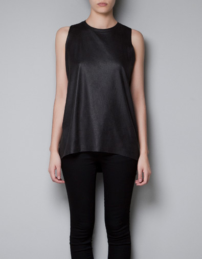 Leather Effect T Shirt - pattern: plain; sleeve style: sleeveless; style: vest top; predominant colour: black; occasions: casual, evening, work; length: standard; fibres: polyester/polyamide - mix; fit: loose; neckline: crew; back detail: longer hem at back than at front; sleeve length: sleeveless; texture group: leather; pattern type: fabric; pattern size: standard; season: a/w 2012