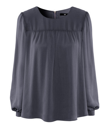 Blouse - neckline: round neck; pattern: plain; sleeve style: balloon; style: blouse; bust detail: subtle bust detail; predominant colour: charcoal; occasions: casual, evening, work; length: standard; fibres: polyester/polyamide - 100%; fit: loose; shoulder detail: subtle shoulder detail; sleeve length: long sleeve; texture group: sheer fabrics/chiffon/organza etc.; pattern type: fabric; season: a/w 2012; wardrobe: highlight