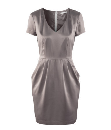 Dress - style: shift; neckline: v-neck; fit: fitted at waist; pattern: plain; predominant colour: mid grey; occasions: evening, occasion; length: just above the knee; fibres: polyester/polyamide - 100%; hip detail: subtle/flattering hip detail; sleeve length: short sleeve; sleeve style: standard; texture group: structured shiny - satin/tafetta/silk etc.; pattern type: fabric; season: a/w 2012; wardrobe: event