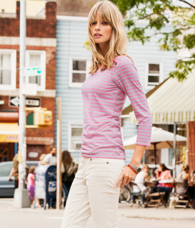 Top - neckline: round neck; pattern: horizontal stripes, striped; predominant colour: pink; occasions: casual; length: standard; style: top; fibres: cotton - mix; fit: body skimming; shoulder detail: added shoulder detail; sleeve length: 3/4 length; sleeve style: standard; trends: striking stripes; pattern type: fabric; pattern size: standard; texture group: jersey - stretchy/drapey; season: a/w 2012