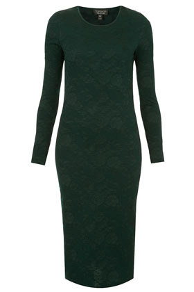 Jacquard Midi Bodycon Dress - length: calf length; fit: tight; pattern: plain; style: bodycon; hip detail: draws attention to hips; predominant colour: dark green; occasions: casual, evening; fibres: polyester/polyamide - mix; neckline: crew; sleeve length: long sleeve; sleeve style: standard; texture group: jersey - clingy; pattern type: fabric; season: a/w 2012