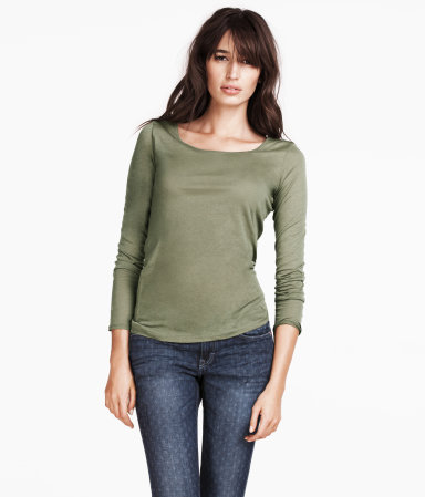 Top - neckline: round neck; pattern: plain; predominant colour: khaki; occasions: casual, work; length: standard; style: top; fibres: cotton - mix; fit: body skimming; sleeve length: long sleeve; sleeve style: standard; pattern type: fabric; texture group: jersey - stretchy/drapey; season: s/s 2013