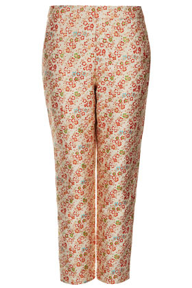 Ditsy Floral Jacquard Trousers - waist detail: fitted waist, feature waist detail; pocket detail: small back pockets, pockets at the sides; waist: mid/regular rise; predominant colour: gold; occasions: casual, evening, occasion; length: ankle length; fibres: polyester/polyamide - mix; hip detail: fitted at hip (bottoms); texture group: ornate wovens; trends: high impact florals, metallics; fit: straight leg; pattern type: fabric; pattern: florals, patterned/print; style: standard; season: s/s 2013; pattern size: standard (bottom)