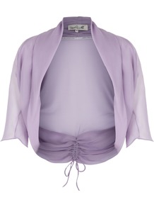 Women's Amelia Rose Shrug, Lilac - pattern: plain; style: bolero/shrug; length: cropped; back detail: tie detail at back; neckline: collarless open; predominant colour: lilac; occasions: casual, evening, occasion; fibres: silk - 100%; fit: standard fit; sleeve length: 3/4 length; sleeve style: standard; texture group: sheer fabrics/chiffon/organza etc.; pattern type: fabric