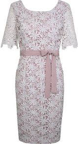 Women's Floral Lace Shift Drs, Ivory - style: shift; neckline: round neck; back detail: low cut/open back; shoulder detail: contrast pattern/fabric at shoulder; waist detail: belted waist/tie at waist/drawstring; predominant colour: ivory; occasions: evening, occasion; length: just above the knee; fit: body skimming; fibres: polyester/polyamide - 100%; sleeve length: short sleeve; sleeve style: standard; texture group: lace; pattern type: fabric; pattern size: small & light; pattern: florals