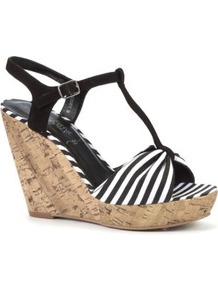 Black Stripe T Bar Cork Wedges - predominant colour: black; occasions: casual, holiday; material: fabric; heel height: high; ankle detail: ankle strap; heel: wedge; toe: open toe/peeptoe; style: t-bar; trends: striking stripes; finish: plain; pattern: striped