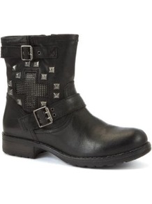 Black Cross Panel Stud Biker Boots - predominant colour: black; occasions: casual; material: faux leather; heel height: mid; embellishment: studs; heel: block; toe: round toe; boot length: ankle boot; style: biker boot; finish: plain; pattern: plain