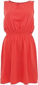 Coral Shirred Waist Sleeveless Dress - style: shift; length: mid thigh; fit: fitted at waist; pattern: plain; sleeve style: sleeveless; waist detail: elasticated waist; predominant colour: coral; occasions: casual, holiday; fibres: polyester/polyamide - 100%; neckline: crew; back detail: keyhole/peephole detail at back; sleeve length: sleeveless; texture group: crepes; trends: fluorescent; pattern type: fabric