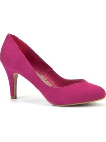 Bright Pink Suedette Court Shoes - predominant colour: hot pink; occasions: casual, evening, work, occasion; material: fabric; heel height: mid; heel: stiletto; toe: round toe; style: courts; finish: plain; pattern: plain