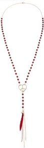 Red Feather Rosary Necklace - predominant colour: true red; occasions: casual, evening, work, holiday; style: pendant; length: long; size: standard; material: chain/metal; finish: plain; embellishment: beading