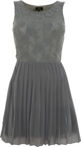 Grey Lace Pleated Dress - length: mid thigh; neckline: round neck; pattern: plain; sleeve style: sleeveless; waist detail: fitted waist; predominant colour: mid grey; occasions: evening, occasion; fit: fitted at waist & bust; style: fit & flare; fibres: polyester/polyamide - 100%; hip detail: structured pleats at hip; bust detail: contrast pattern/fabric/detail at bust; back detail: keyhole/peephole detail at back; sleeve length: sleeveless; texture group: lace; pattern type: fabric; pattern size: standard
