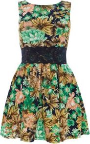 Green Floral Contrast Lace Waist Dress - length: mid thigh; neckline: round neck; sleeve style: sleeveless; waist detail: embellishment at waist/feature waistband; predominant colour: emerald green; occasions: casual, evening, holiday; fit: fitted at waist & bust; style: fit & flare; fibres: polyester/polyamide - 100%; hip detail: structured pleats at hip; sleeve length: sleeveless; texture group: cotton feel fabrics; pattern type: fabric; pattern size: small & busy; pattern: florals