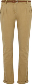 Stone Woven Belted Peg Trouser - pattern: plain; pocket detail: small back pockets, pockets at the sides; waist detail: belted waist/tie at waist/drawstring; waist: mid/regular rise; predominant colour: tan; occasions: casual, work; length: ankle length; style: chino; fibres: cotton - 100%; hip detail: front pleats at hip level; jeans & bottoms detail: turn ups; texture group: cotton feel fabrics; fit: slim leg; pattern type: fabric; pattern size: standard