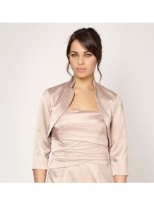 Light Gold Collar Bolero - pattern: plain; style: bolero/shrug; collar: shawl/waterfall; length: cropped; fit: slim fit; predominant colour: champagne; occasions: evening, occasion; fibres: polyester/polyamide - stretch; sleeve length: 3/4 length; sleeve style: standard; texture group: structured shiny - satin/tafetta/silk etc.; collar break: low/open; pattern type: fabric; pattern size: standard