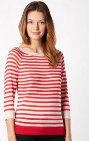 Red Striped Cut Out Jumper - neckline: round neck; pattern: horizontal stripes; style: standard; predominant colour: true red; occasions: casual; length: standard; fibres: polyester/polyamide - 100%; fit: standard fit; back detail: keyhole/peephole detail at back; sleeve length: 3/4 length; sleeve style: standard; texture group: knits/crochet; pattern type: knitted - fine stitch; pattern size: standard
