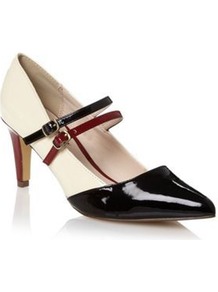 Cream Two Strap Mid Court Shoes - predominant colour: ivory; occasions: evening, work; material: faux leather; heel height: mid; embellishment: buckles; ankle detail: ankle strap; heel: stiletto; toe: pointed toe; style: mary janes; finish: patent; pattern: colourblock