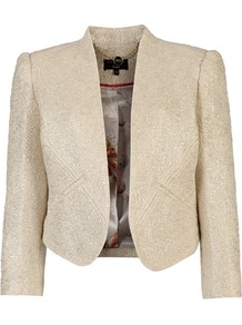 Ted Baker Hydee Metallic Detail Jacket - pattern: plain; style: cropped; length: cropped; predominant colour: ivory; occasions: casual, evening, work, occasion; fit: tailored/fitted; fibres: cotton - mix; sleeve length: 3/4 length; sleeve style: standard; trends: metallics; collar break: low/open; pattern type: fabric; pattern size: standard; texture group: tweed - light/midweight