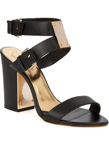 Ted Baker Lissome Heeled Leather Sandals - predominant colour: black; occasions: casual, evening, occasion, holiday; material: leather; heel height: high; ankle detail: ankle strap; heel: block; toe: open toe/peeptoe; style: standard; finish: plain; pattern: plain; embellishment: chain/metal