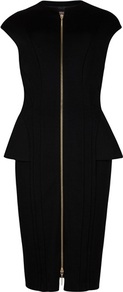Ted Baker Siona Contoured Dress - style: shift; sleeve style: capped; fit: tailored/fitted; pattern: plain; neckline: high neck; hip detail: fitted at hip; waist detail: peplum waist detail; bust detail: buttons at bust (in middle at breastbone)/zip detail at bust; predominant colour: black; occasions: evening, work, occasion; length: just above the knee; fibres: polyester/polyamide - stretch; sleeve length: sleeveless; trends: glamorous day shifts; pattern type: fabric; texture group: jersey - stretchy/drapey