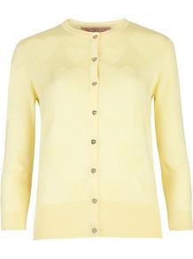 Ted Baker Jonta Heart Detail Cardigan - neckline: round neck; back detail: contrast pattern/fabric at back; bust detail: buttons at bust (in middle at breastbone)/zip detail at bust; predominant colour: primrose yellow; occasions: casual, work; length: standard; style: standard; fibres: cotton - 100%; fit: standard fit; sleeve length: 3/4 length; sleeve style: standard; texture group: knits/crochet; pattern type: knitted - fine stitch; pattern size: small & light