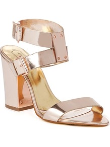 Ted Baker Lissome Heeled Leather Sandals - predominant colour: blush; occasions: evening, occasion, holiday; material: leather; heel height: high; ankle detail: ankle strap; heel: block; toe: open toe/peeptoe; style: strappy; trends: metallics; finish: metallic; pattern: plain; embellishment: chain/metal