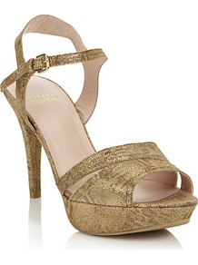 Chandelle Platform Pump - predominant colour: gold; occasions: evening, occasion; material: suede; heel height: high; ankle detail: ankle strap; heel: platform; toe: open toe/peeptoe; style: strappy; trends: metallics; finish: metallic; pattern: plain